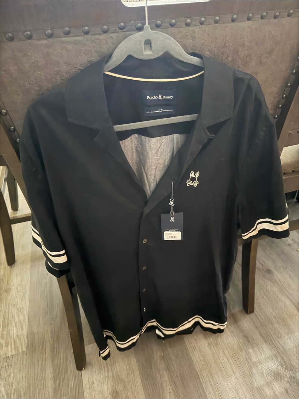 Psycho Bunny Black Short-Sleeve Button-Front Shirt with White Trim